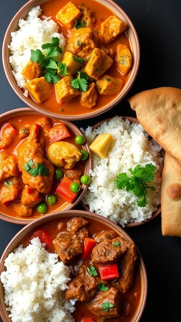 Three curry dishes: chicken curry, vegetable curry, and lamb curry with rice and naan.
